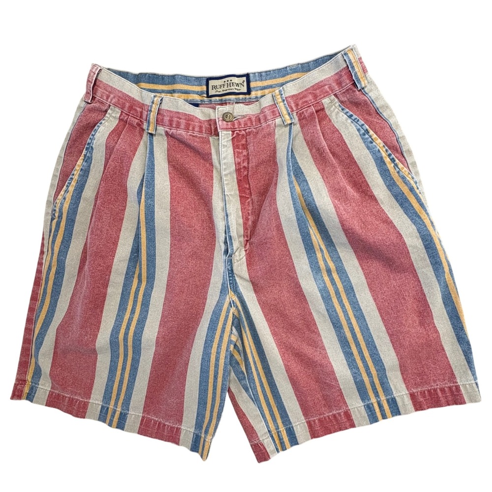 Ruff Hewn Striped Pleated Shorts Mens 29 Red Blue Yellow Vintage Cotton 90s USA
